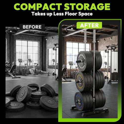 HANDBODE Weight Plate Rack with Barbell Storage, 1100 lbs Capacity | 6-Peg Vertical Holder for 1- or 2-Inch Plates, Heavy-Duty Organizer for Home Gym - style: 3-Tier Weight Plate Rack