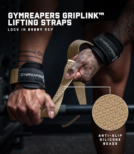 Gymreapers GripLink Lifting Straps – Heavy Duty D-Ring Weight Lifting Wrist Straps with Anti-Slip Silicone Grip Beads, Adjustable Support for Deadlifts, Powerlifting, Cable Machines & Gym Training - color: Desert Sand