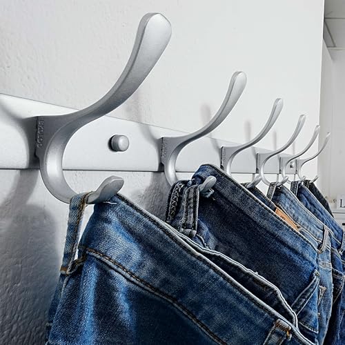 SKOLOO Coat Rack Wall Mounted - 6 Hooks, Pack of 2, Heavy Duty, Stainless Steel, Metal Wall Hanger, Sturdy Coat Hooks for Hanging Coats, Jacket, Clothes, Hat, Cold Light Silver - color: Matte Silver, size: 6 Hook(2 Pack)