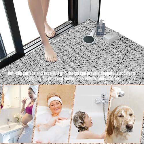 12 Pcs Drainage Mat Modular Interlocking Cushion 11.8" x 11.8" Garage Floor Tiles Non-Slip Splicing Rubber Floor Tiles for Drain, Deck, Pool, Outdoor/Indoor (Grey) - size: 11.8"x11.8"Grey