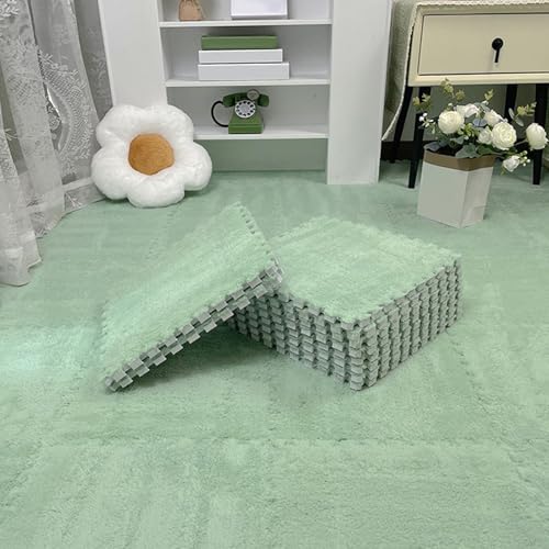 Thickened Soft Plush Foam Interlocking Floor Carpet Mat, 24 Pcs 12x12x0.4 Inch Fluffy Square Puzzle Foam Carpet Tiles with Edgings(Color:Green 2) - color: Green 2