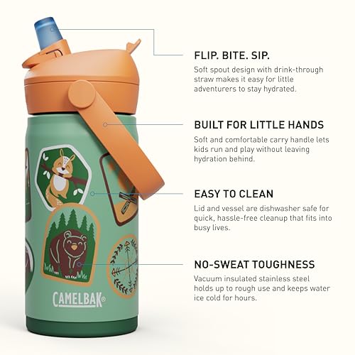 CamelBak Thrive Flip Straw Kids Bite Valve Stainless Steel Water Bottle Camp Badges, 12oz - color: Camp Badges