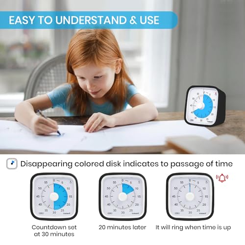 Yunbaoit Visual Timer, Silent 60-min Countdown Timer for Kids, Black Blue | Protective Case, Time Management Tool, Mute and Ringing Alarm Available, Low Power Reminder, for Study,Game,Work,Fitness etc - color: Black Blue