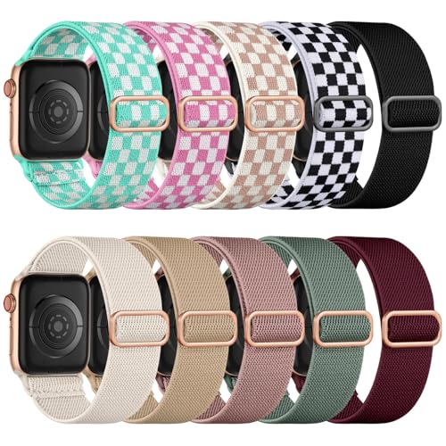 Maledan 10 Pack Stretchy Bands Compatible with Apple Watch Band 40mm 38mm 41mm 42mm 44mm 45mm 46mm 49mm Women Men, Nylon Solo Loop Elastic Sport Straps for iWatch Series 11 10 9 8 7 6 5 4 3 SE Ultra - color: Black/ZWalnut/Pink/Cactus/Wine/Starlight/Grid-B