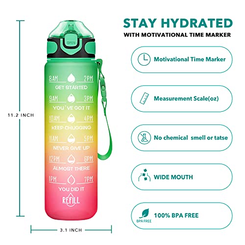 Enerbone 32 oz Drinking Water Bottle with Times to Drink and Straw, Motivational with Carrying Strap, Leakproof BPA & Toxic Free, Ensure You Drink Enough Water for Fitness Gym Outdoor - color: Green Red