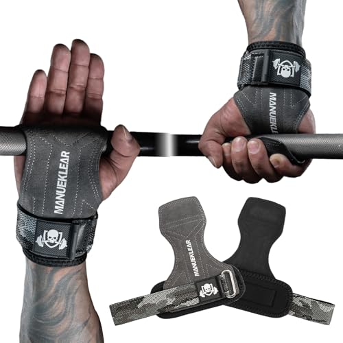 MANUEKLEAR Gym Straps Weight Lifting, Double Leather Lifting Straps for Men Deadlift with Cushion Wrist Loop, Gym Lifting Wrist Wraps for Weightlifting - color: Size S - Gray