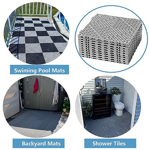 12” x 12” Drainage Interlocking Floor Tiles, 12 Pack Non-Slip Pool Deck Drain Mats for Flooring, Soft PVC Splicing Modular Cushion Mats, Rubber Floor Tiles with Holes for Shower Basement Garage Shed - size: Grey