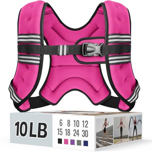 Zeerun Weighted Vest, 6lb/8lb/10lb/12lb/15lb/18lb/20lb/24lb/30lb for Men Women, Reflective Stripe Adjustable Buckle, Comfortable Durable Rucking Vest for Walking Running Strength Training - color: Pink, size: 10 Lb