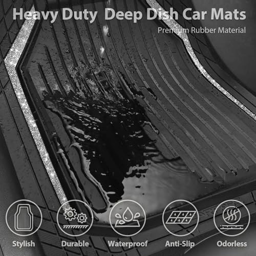 CAR PASS Glitter Heavy Duty Rubber Floor Mats for Car, Waterproof Liner Deep Dish Bling Car Mats Full Sets, Universal Trim to Fit for SUV Truck Sedans Vans, All Weather Floor Mats, Silver Sparkly - color: Bling Black Silver