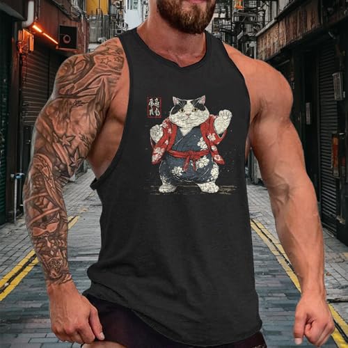 domirica Mens Sleeveless Cotton T-Shirts Novelty Graphic Crewneck Pullover Big and Tall Gym Muscle Outdoor Sleeveless Shirts - color: Cat, size: Small