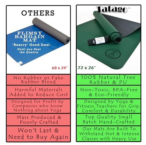 Tatago Hot Yoga Mat Non Slip-Professional Grade Natural Rubber Yoga Mat, Pliates Mat, Stretching Mat or exercise mats for home workout. Nonslip for Hot and Sweaty Classes. Includes Yoga Strap for Carrying and Stretching too. - color: Green, size: 72 Inch