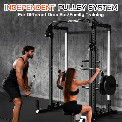 Cofiyard Power Cage, Power Rack with Dual Pulley System, Multi-Function Squat Rack with Cable Crossover, Home Gym Workout Machine