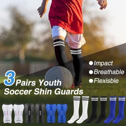 3 Pairs Soccer Shin Guards for Kids Youth+ 3 Pairs Long Soccer Socks Flexible Football Shin Pads Shin Protectors for 3-15 Years Old Boys Girls Children Teenagers for Football Games - size: M 3'11-5’4 Tall