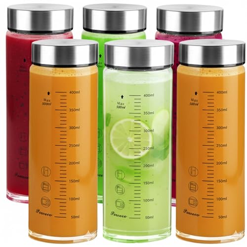 Glass Juice Bottles 6 Pack 16 oz - Wide Mouth Glass Water Bottles with Lids - for Juicing, Protein, Smoothie, Milk, Reusable, BPA Free, Stainless Steel Lids, Blender, Shaker Bottle (500ml) - color: 6-Pack (ml), size: 16oz/500ml