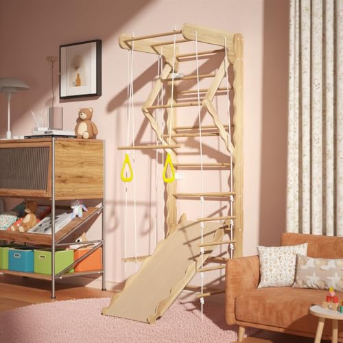 Indoor Wooden Climbing Wall Set, Natural Pine Material, 78.7x23.6 Inch Wall-Mounted Kids Gym with Slide, Rings and Rope Ladder, Weight Capacity 100 Pounds