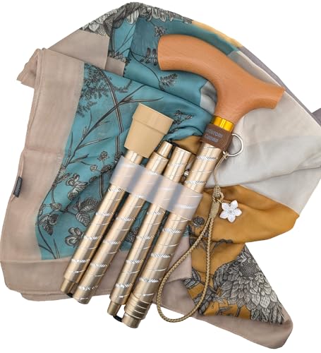 Asterom Canes for Women - Foldable, Adjustable, Collapsible - Fashionable Walking Cane for Women, Wooden Handle - color: Gold