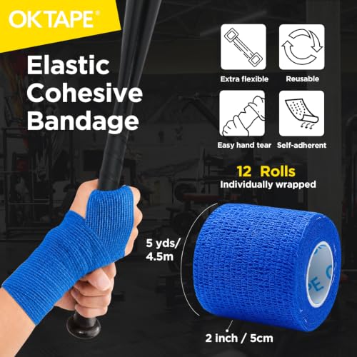 OK TAPE 12 Rolls Self Adhesive Bandage Wrap, Elastic Athletic Tape, Self Stick Bandage Tape, Vet Wrap, Medical Wrap for Wrist, Feet, 2" x 5 Yards - Blue - color: Blue, size: 2 Inch