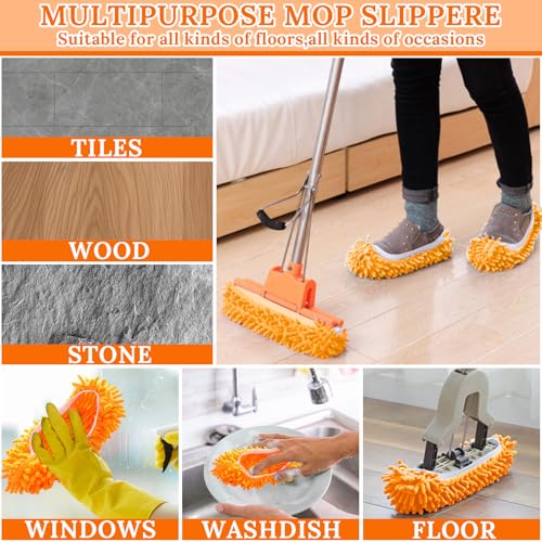 Mop Slippers Shoes for Women Men Foot Dust Duster Microfiber Dust Hair | Reusable Sweeper Cleaning Tool for House Bathroom Kitchen - color: Orange 1pair, size: F