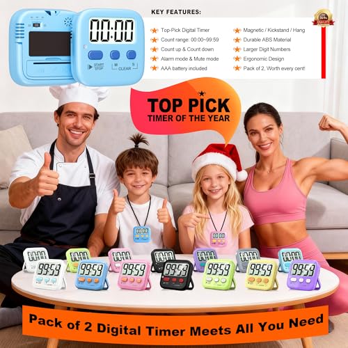Antonki 2 Pack Digital Timer for Kids, Magnetic Countdown Kitchen Timers for Cooking, Egg, Classroom, Teacher, Exercise, Study, Oven - Battery Included - color: Clear Blue