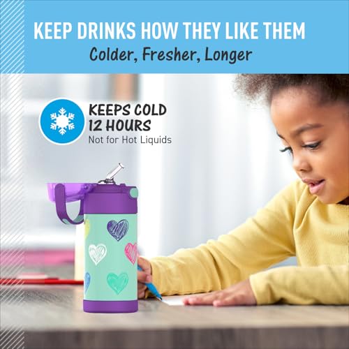 THERMOS FUNTAINER Water Bottle with Straw, 12oz, Hearts | Kids Stainless Steel Insulated Water Bottle, Keeps Drinks Cold Longer for School & Play, BPA-Free - color: Hearts, size: 12 Ounces