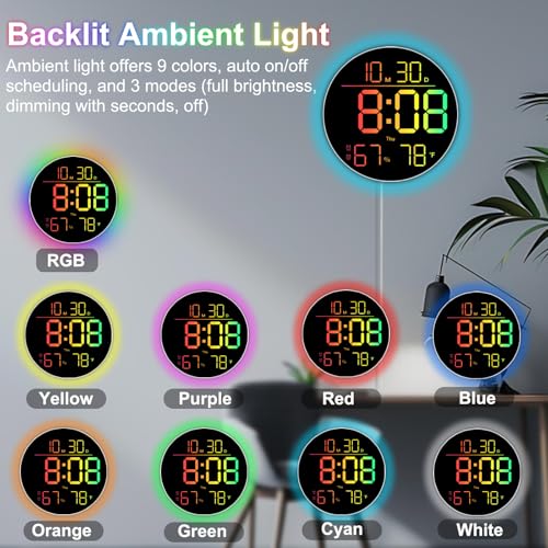 QINFIEY 10 Inch LED Wall Clock with RGB Ambient Light, Auto-Dimming, RGB Color/Time/Date/Temp/Humidity Display, Dual Alarms & Timer, Adjustment Brightness,Digital Round Clock for Bedroom Classroom - color: Rgb, size: 10 inch
