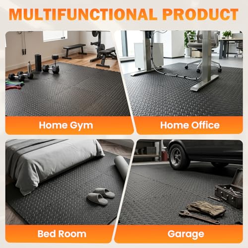 18 Tiles EVA Puzzle Exercise Floor Mats Set, Interlocking Foam Gym Tiles | 12.6"x12.6"x0.4", Water-Resistant Flooring for Home Gym, Workout Equipment, Kids' Play Areas, Garage Playroom - Black