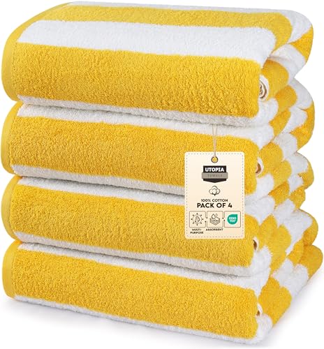Utopia Towels Pack of 4 Cabana Beach Towels, Oversized 30 x 60 Inches Cotton Beach Towel Set, Smooth Ring Spun Texture for Pool and Swim Days, Modern Striped Design Bath Towels, Yellow - color: Yellow, size: 30 x 60 - 4 Pack