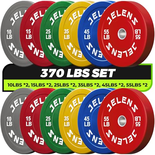 JELENS 7FT Bar Olympic Barbell, 1000lb Capacity Weight Bar for Strength Training, 2 Inch Strength Training Bar With Knurled Grip for Squats, Deadlifts, Presses, Rows, Curls - size: 7FT Olympic Barbell with 370 LB Colored Plates