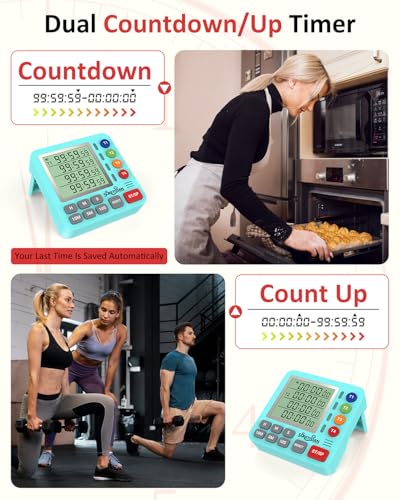 Digital Kitchen Timer with 4 Channel, Loud Alarm and Silent Mode | Magnetic Cooking Timer with Count Up & Countdown for Kids and Seniors, Large Display to Read, Auto Memory, Battery Included - color: Mint Green