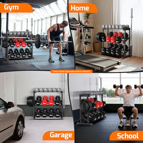 PLKOW Adjustable 3-Tier Dumbbell Rack with Barbell & Weight Plate Storage for Home Gym, Heavy Duty Steel Weight Rack Stand, Angle Height Width Adjustable Gym Organizer - color: Deep Black