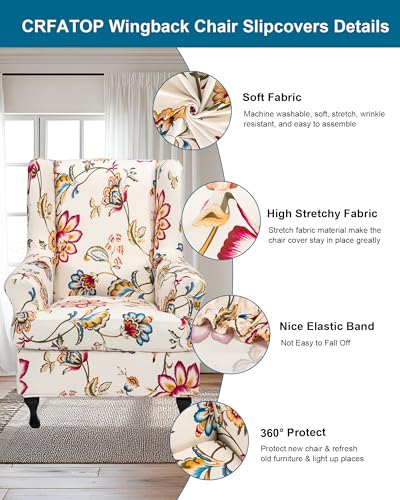 CRFATOP Waterproof Wing Chair Slipcovers 2 Piece Stretch Wingback Chair Cover Spandex Fabric Wingback Armchair Covers with Elastic Bottom for Living Room Bedroom Wingback Chair,A19 - color: Color A19