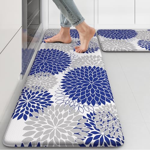 Anti Fatigue Kitchen Mats 2PCS,Boho Dahlia Kitchen Rugs Non Slip Rubber Backing, Farmhouse Waterproof Kitchen Mat for Floor,Cushioned Standing Mat for Kitchen,Laundry,Sink,Desk,Blue - color: Blue, size: 17.3" x 47 "+ 17.3" x 29 "--0.47 inches