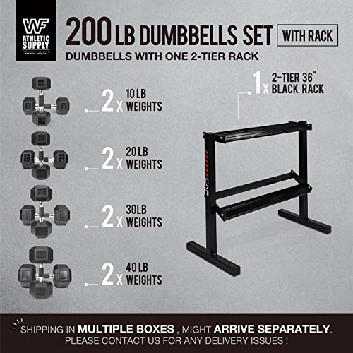 WF Athletic Supply Rubber Encased Hex Dumbbells with Rubber Grip Contoured Handle for Muscle Toning, Strength Building & Full Body Workout - color: t. 200LB Dumbbell Set w/ 2-Tier Rack (10LB, 20LB, 30LB, 40LB)