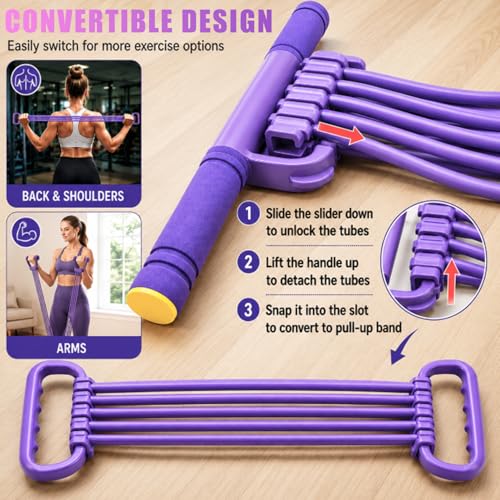 3 in 1 Adjustable Pedal Resistance Band, 10-Tube Multifunction Tension Rope | Pedal Resistance Band With Handle Suitable for Yoga, Pilates, Fat Loss, and Full-Body Shaping Workouts - color: Purple