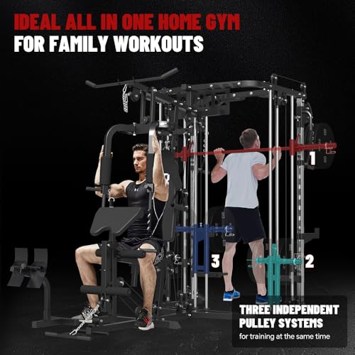 All in One Home Gym System Workout Station, Multi-Function Smithe Machine Power Cage with Cable Crossover System, Tripe-Sided Independent Load Posts, Functional Trainer for Full Body Training - color: Black, style: Home Gym Station with Weight Bench (9001