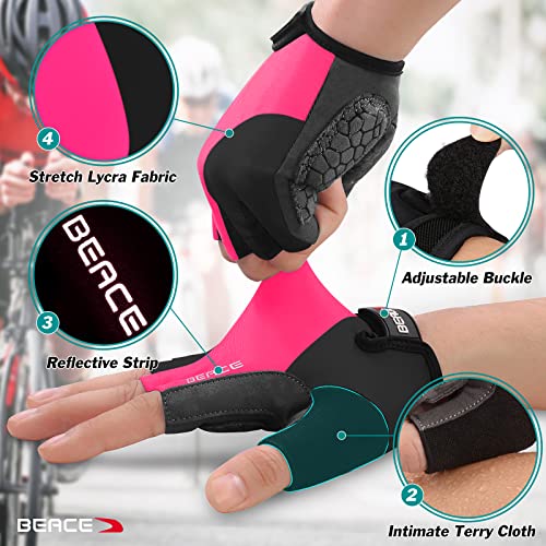 BEACE Gloves for Cycling Bike Biking Half Finger Road Bicycle for Men and Women-5MM Breathable Anti-Slip Shock-Absorbing Pad Gym Motorcycle Light Weight Mountain Bike Gloves - color: Rose Red, size: Medium