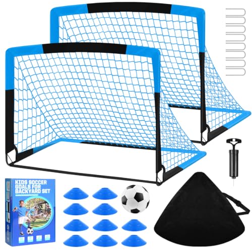 Soccer Goal, Kids Soccer Goals for Backyard Set- 2 Pack of Portable Pop Up Soccer Nets with Ball,Cones,Soccer Training Equipment for Toddler,Youth Outdoor Backyard Game - color: Blue Black, size: 4x3FT