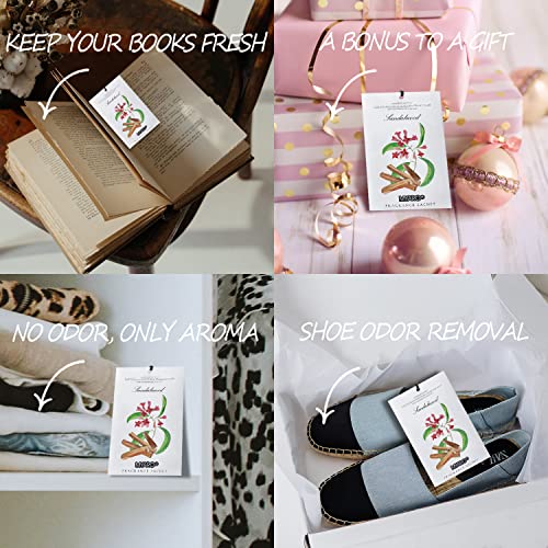 MYARO 12 Pack Sandalwood Scented Sachets for Drawer, Closet & Small Spaces Air Freshener Bags, Odor Eliminator for Clothes, Car, Wardrobe, Home Fragrance Gift Set - color: Sandalwood