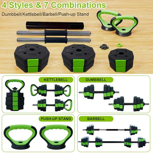 Adjustable Dumbbell Set, 44/66/88 Lbs Free Weight Dumbbells Set, 4 in 1 Dumbbells Set Used As a Kettlebell, Barbell, Push Up Stand, Exercise & Fitness for Home Gym, Black & Green - size: 44 LB-Octagon with Iron Grip