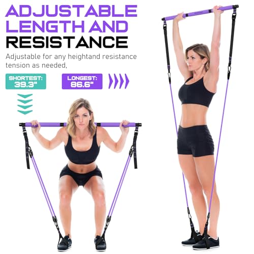 Pilates Bar Kit with 6 Latex Resistance Bands, Adjustable Exercise Bar - color: Purple