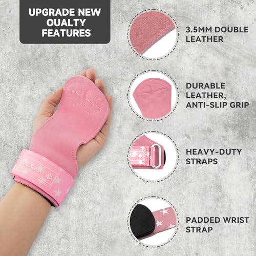 MANUEKLEAR Gym Straps Weight Lifting, Double Leather Lifting Straps for Men Deadlift with Cushion Wrist Loop, Gym Lifting Wrist Wraps for Weightlifting - color: One Size - Pink