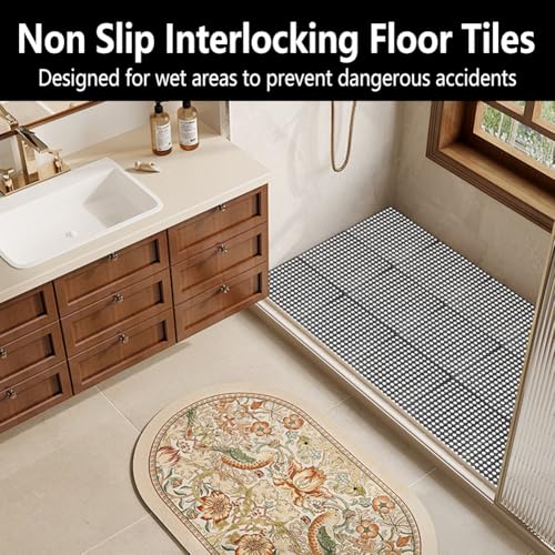 30 Pack Drainage Interlocking Tiles, 12"x12" Modular Interlocking Floor Tiles with 1 Pc Plastic Hammer Non Slip Rubber Floor mat with Holes for Pool Bathroom Deck Kitchen Patio (30, Black) - color: Black