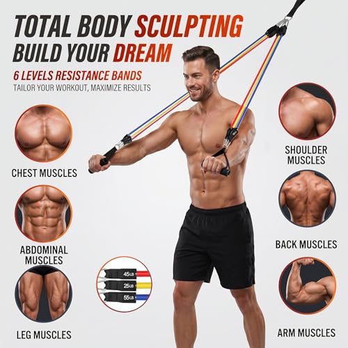 WHATAFIT Resistance Bands, Exercise Bands with Handles, Workout Bands for Working Out, Fitness Bands Set for Home Gym Full Body Strength Training, Muscle Tone, Yoga & Stretching - color: 300LB-Conventional