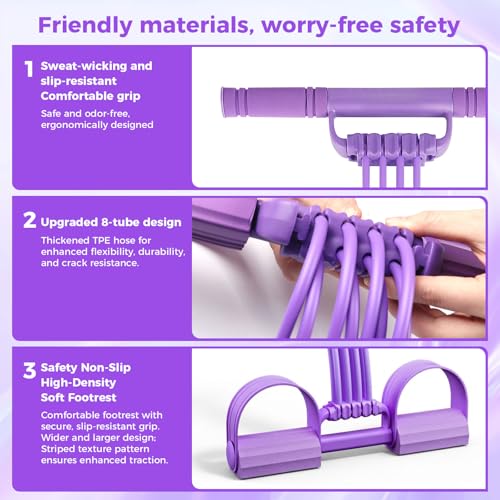 Pedal Resistance Band with Handle, Sit Up Exercise Equipment | Upgraded 8-tube multifunction pedal resistance band for home gym. Non-slip foam handles and foot pedals for full body workout - color: Purple