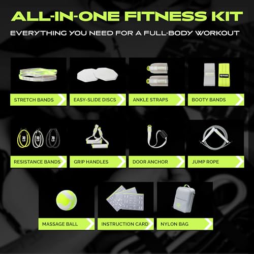 Ex Kit Home Gym Equipment with Carry Bag - 10Pcs Resistance Bands Kit with Handles, Door Anchor, Jump Rope, Booty Bands & More – Full Body Workout Bands Set for Strength, Cardio & Flexibility - color: Gray