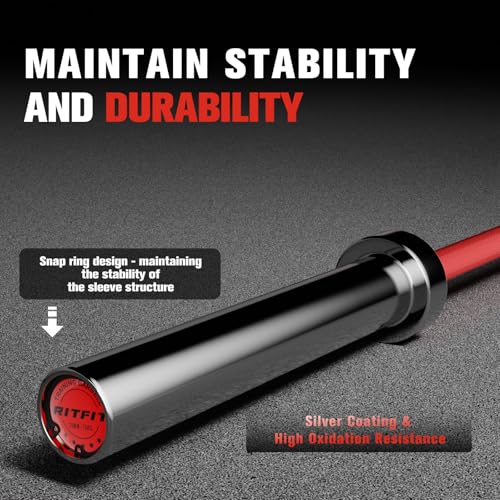 RitFit Elite 7ft Olympic Barbell, Robust 45lb Barbell for Weightlifting and Powerlifting, Superior Olympic Bar with Exceptional 500lbs Load Capacity, Weight Bar for 2” Standard Plates - color: Silver/Red, size: 6.6 ft 900 lb 33 lb without Collar