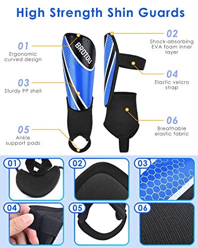 BROTOU Shin Guards Soccer Youth, Soccer Shin Guards for Kids 3-15, Light Weight Adjustable Straps Shin Pads Protection Equipment with Ankle and Leg Calf Protection - color: BLUE, size: Large