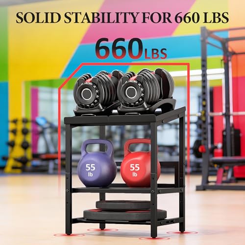 Adjustable Dumbbell Weight Rack Heavy Duty, 3 Tier Adjustable Dumbbell Stand 660LB Loading, Metal Kettlebell Storage with Non-Slip Padded, Commercial Kettlebell Stand for Home Gym Garage(Rack Only)