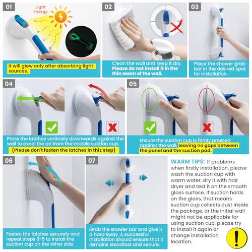 TAILI Shower Grab Bar Glow in The Dark, 2 Pack 16.8 in Grab Bars for Bathtubs and Showers,Shower Handles Rails for Seniors and Elderly,Bathroom Safety Grip Removable No Drilling Waterproof Blue,G9 - color: Blue& Glow Green, size: 16.8"
