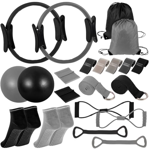 21 Pcs Pilates Ring Circle Set for Women, Includes Ball Yoga, Ring Stretching, Strap Bands, Non Slip Socks, Back Bags for Workout, Commonly Used for Yoga, Pilates, Stretching, Fitness(Black,Gray)